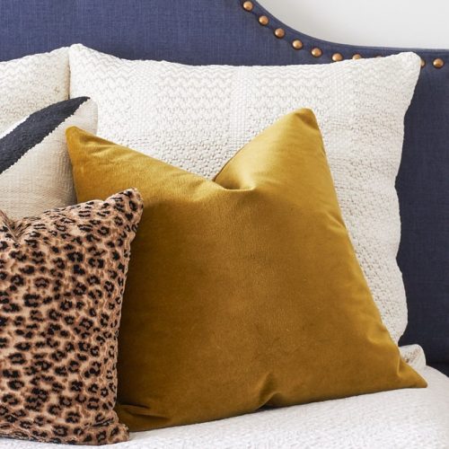 blue upholstered headboard - leopard pillow - toronto designer - bedroom vignette - linda mazur design