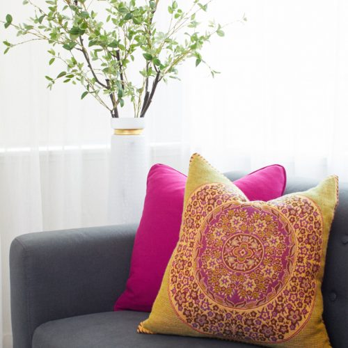 toronto condo living bright pillows and accents grey sofa linda mazur design toronto designer