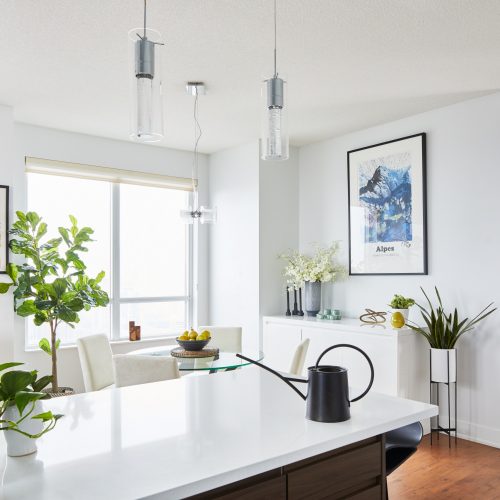 toronto condo living - toronto condo renovation open concept living - decorating with plants - boho design - scandi design - walnut cabinetry with white quartz counters - linda mazur design small space designer toronto designer