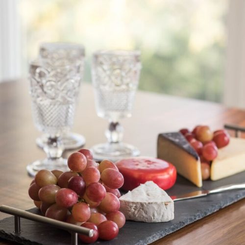 kitchen counter vignette - kitchen entertaining - pressed glass wine goblets - custom walnut kitchen counter - linda mazur design toronto designer