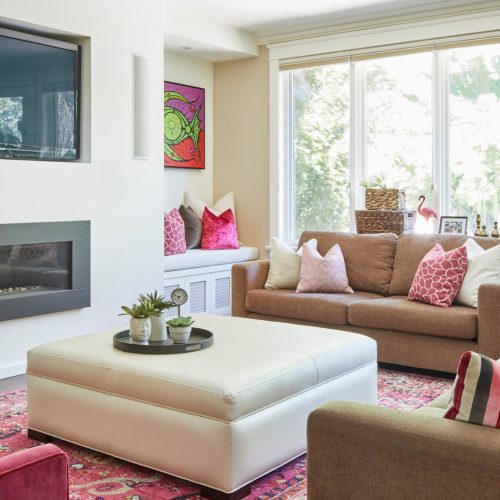 newmarket historic home addition - custom build - family home - family room - bright pinks - pink rug and artwork-linda mazur design toronto designer