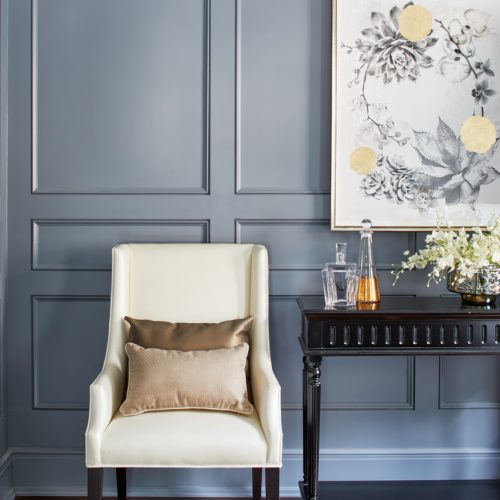 historic toronto home - dining room custom wall paneling - dark grey wall paneling - dining room bar area - linda mazur design toronto designer - luxury family home renovations