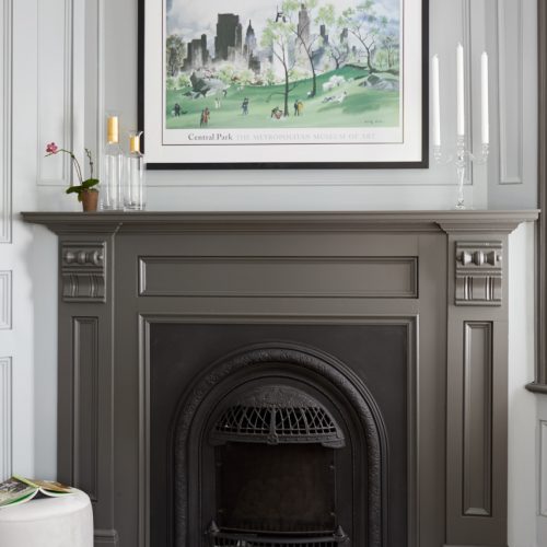 historic home - toronto luxury home renovations - salvaged fireplace mantel - vintage vibes - custom paneled room - custom painted wall paneling - dark grey painted fireplace mantel - victorian fireplace - linda mazur design - toronto designer - luxury homes