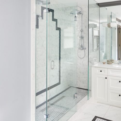 historic toronto home - art deco inspired bathroom tile - black and white bathroom - custom millwork - walk in shower for two - pattern play - marble- toronto designer - linda mazur design
