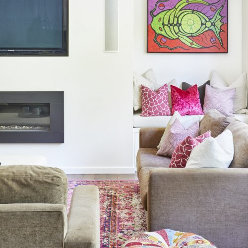 newmarket historic home addition - custom build - family home - family room - bright pinks - pink rug and artwork-linda mazur design toronto designer