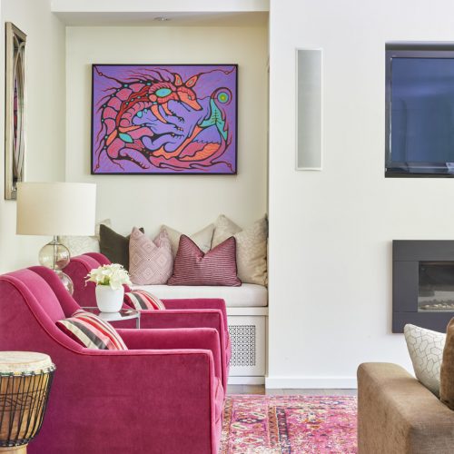 newmarket historic home addition - custom build - family home - family room - bright pinks - pink rug and artwork-linda mazur design toronto designer