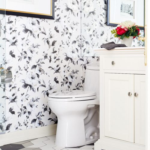 black and white toronto condo powder room - floral wallpaper - patterned tile flooring - transitional design - pattern play - linda mazur design toronto designer