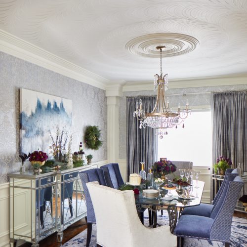 reno & decor christmas cover shoot - christmas dining room - blue and white transitional dining room with silk drapes, glass table and ceiling details - linda mazur design toronto designer -