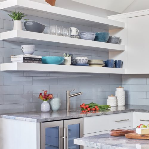 lake simcoe cottage - toronto kitchen designer - custom kitchen open shelving blue white and gray - bar fridge built-in bar area- linda mazur design