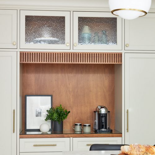 mississauga custom kitchen renovation - coffee station and pantry area - wood cabinetry and glass door front - toronto designer linda mazur design - kitchen island with quartz counters - transitional kitchen