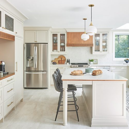 mississauga custom kitchen renovation - coffee station and pantry area - wood cabinetry and glass door front - toronto designer linda mazur design - kitchen island with quartz counters - transitional kitchen