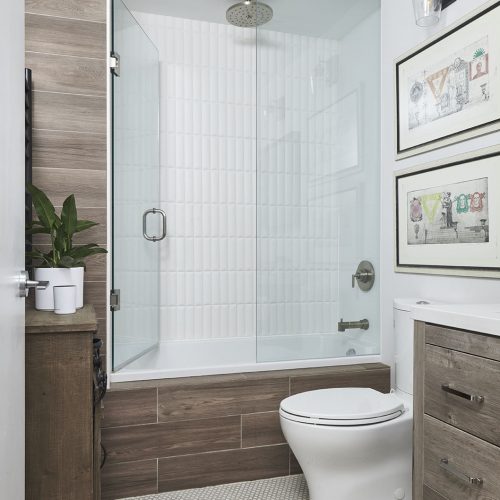 condo bathroom renovation, rustic bathroom, wood vanity, mosaic floor tile, tub and shower combo, toronto condos, toronto designer linda mazur design